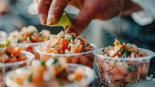 Individual cups of fresh ceviche are garnished with vibrant cilantro, onions, tomatoes, and lime, with a hand squeezing lime juice as the final touch. photo