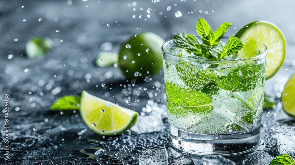Fototapeta premium A refreshing cocktail garnished with fresh mint leaves and lime slices in a glass, with water splashing around. The scattered ingredients create a vibrant and dynamic image.