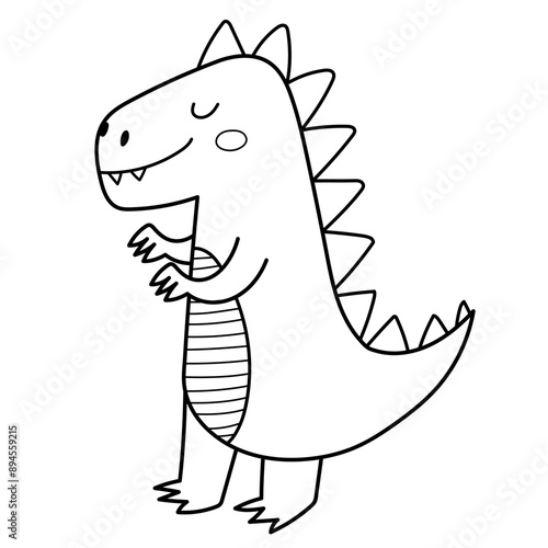 Cute Tyrannosaurus rex in black and white isolated element. Funny dinosaur t-rex of jurassic period in outline. Vector illustration 