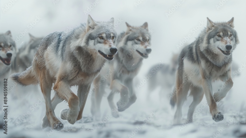 Pack of Wolves Running Through Snowy Landscape, Wildlife Conservation, Nature Photography Pack of Wolves Running Through Snowy Landscape, Wildlife Conservation, Nature Photography