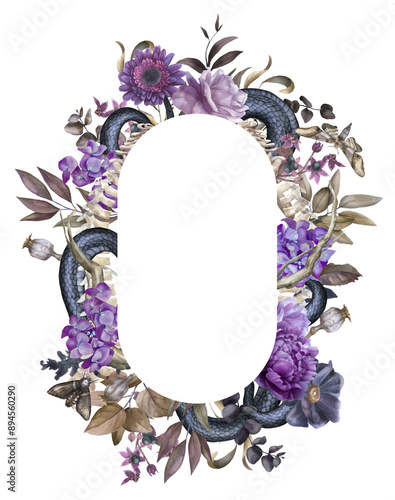 Purple floral border watercolor, gothic arrangement, dry leaves, Halloween flowers