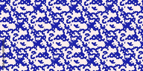 Faded electric blue glitch geo washed effect seamless border. Indigo dye grungy blotched distress abstract ribbon texture repeat. 