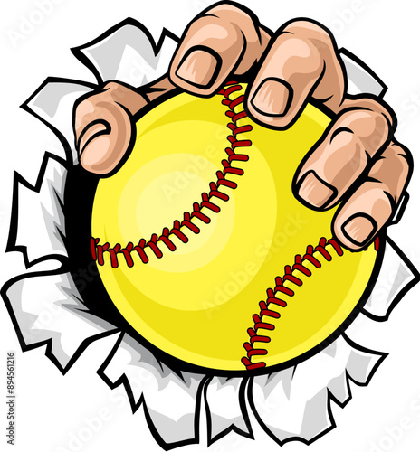A hand mascot holding yellow softball ball