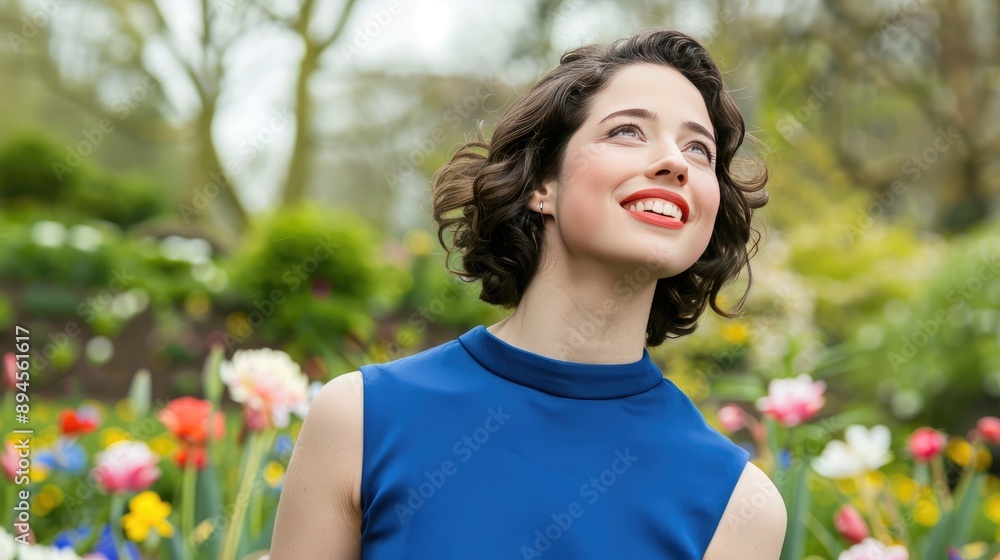 Smiling woman in a blue dress enjoying a garden filled with colorful spring flowers Smiling woman in a blue dress enjoying a garden filled with colorful spring flowers