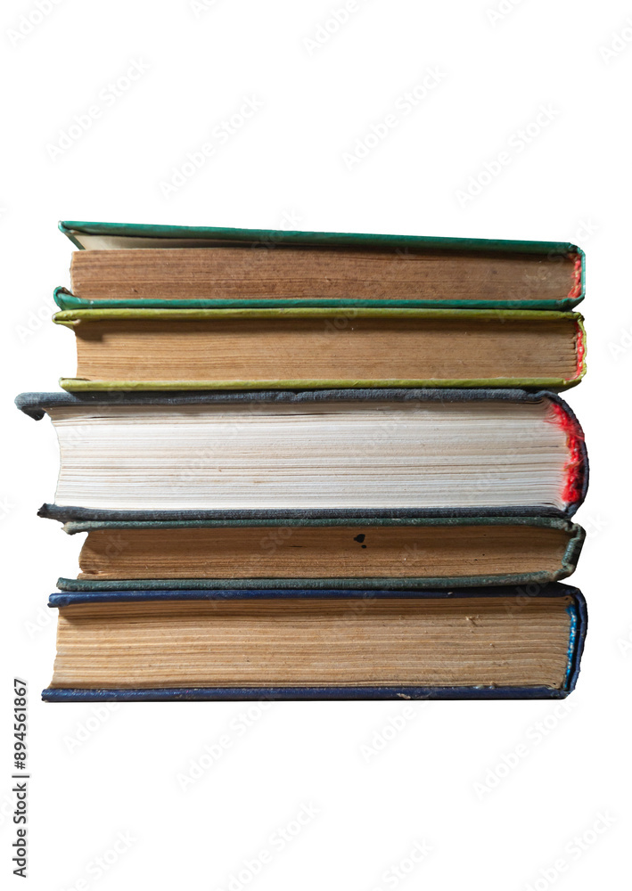 A column of books with yellowed pages png. Close-up of a column of old books on transparent background A column of books with yellowed pages png. Close-up of a column of old books on transparent background
