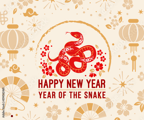 Happy Chinese New Year 2025, Year of the Snake, red and gold paper, flowers and Asian elements with craft style lanterns, Asian New Year card