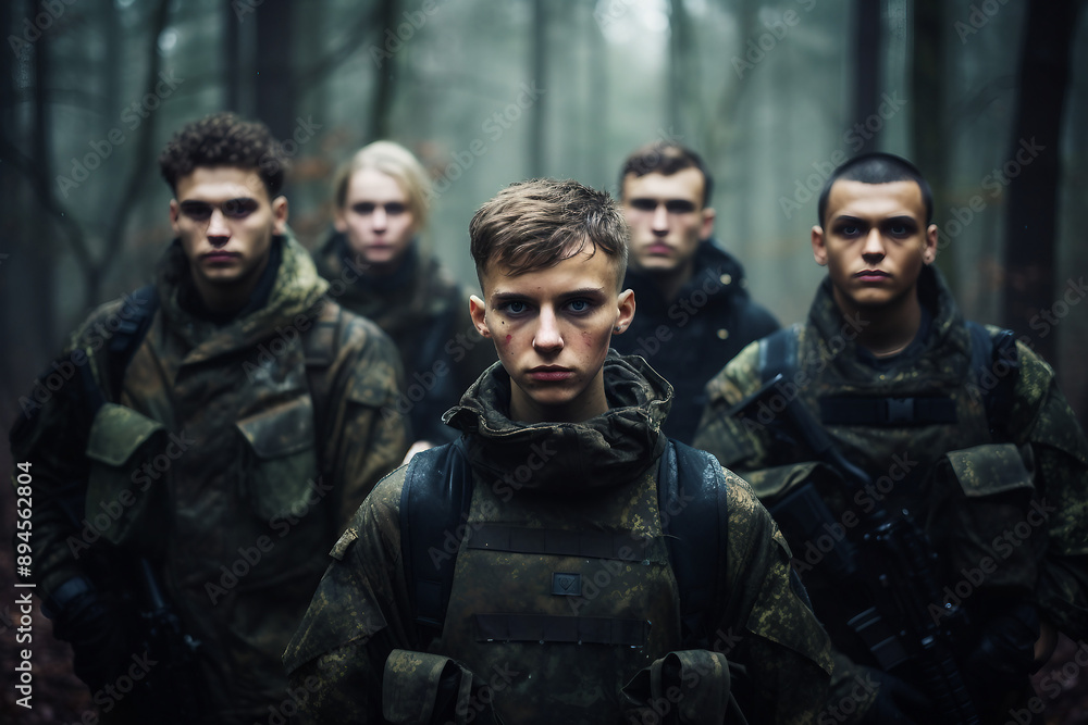 Fototapeta premium Special forces soldiers go to military operation in forest generative AI