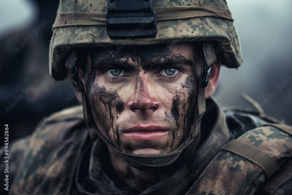 Generative AI illustration of soldier in camouflage uniform at the battlefield Generative AI illustration of soldier in camouflage uniform at the battlefield