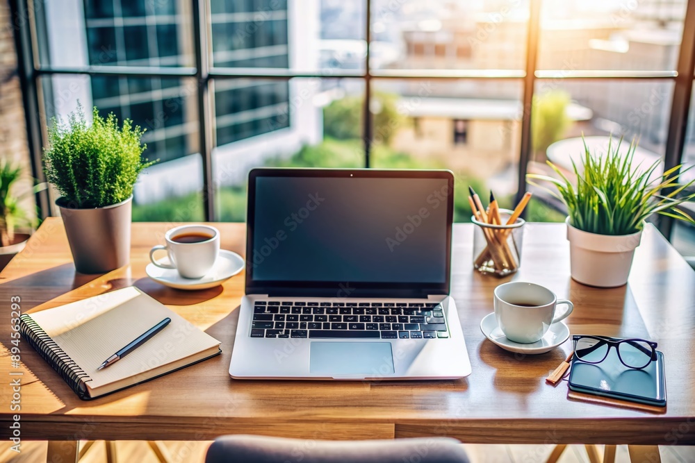 Fototapeta premium A professional work setup featuring a laptop and hands typing away on the keyboard, surrounded by office essentials, conveying focus and productivity.