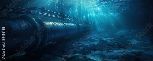 An underwater scene featuring a submerged pipe, illuminated by rays of sunlight piercing through deep blue waters.