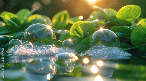 Closeup of Soap Bubbles and Foam on Green Leaves with Golden Sunset Light Reflecting in the Water