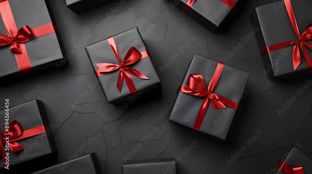 Top view black gift box, adorned with vibrant red ribbon UHD Wallpaper Top view black gift box, adorned with vibrant red ribbon UHD Wallpaper