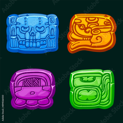 Aztec Maya civilization- Akbal, face, Mayan Glyph, hieroglyphs of the Maya calendar. Stone symbols for your 2D game or slots games