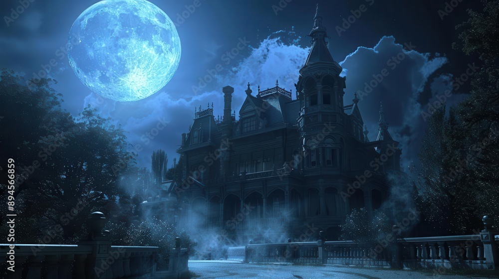 eerie victorian mansion shrouded in mist under a full moon gothic ...