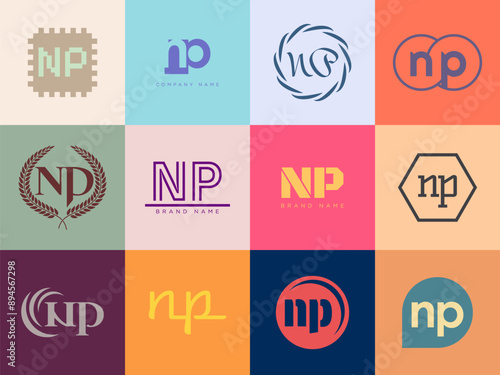 NP logo company template. Letter n and p logotype. Set different classic serif lettering and modern bold text with design elements. Initial font typography.