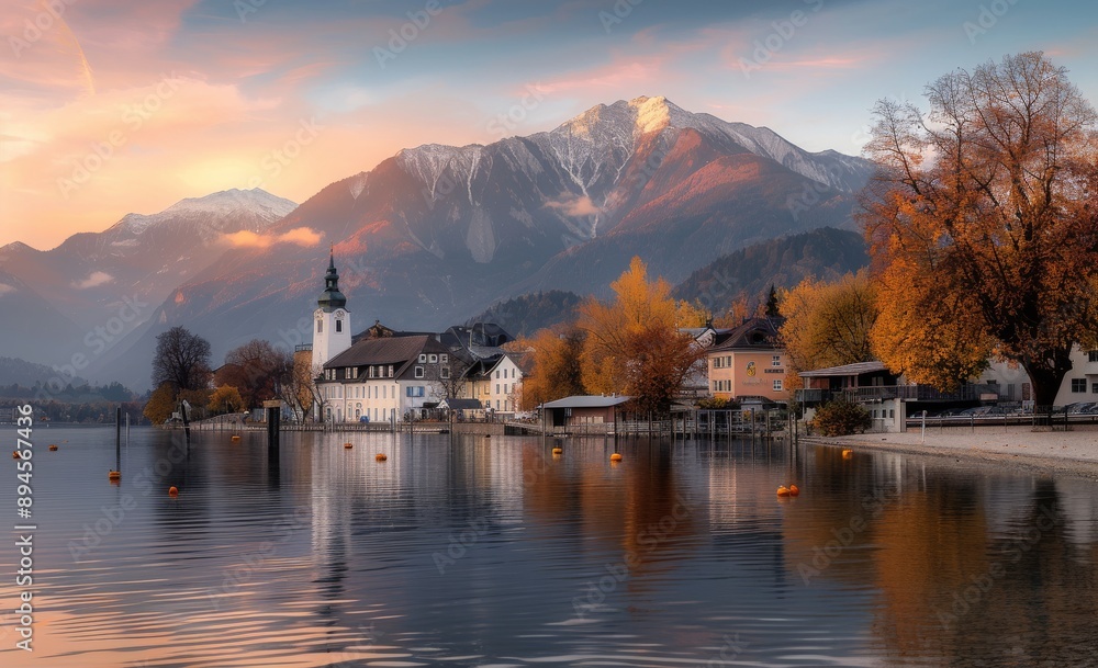 Fototapeta premium Lake Town at Sunset