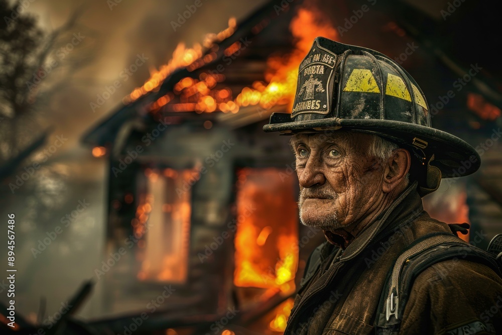Fototapeta premium Close up of a seasoned firefighter with a burning building in the background