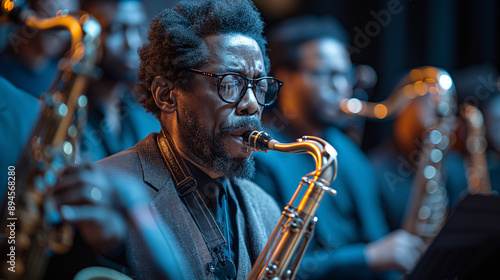 A telephoto angle photo of the jazz band during a quiet, emotional moment of their performance, with soft lighting highlighting the intensity and passion of the musicians, with the photo