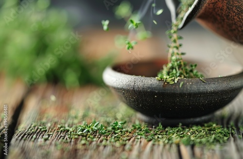 Dried Thyme Spilling From Mortar on Wooden Table