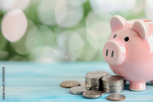 Piggy Bank With Coins on a Table