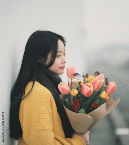 Woman in Yellow Coat Holding Tulips