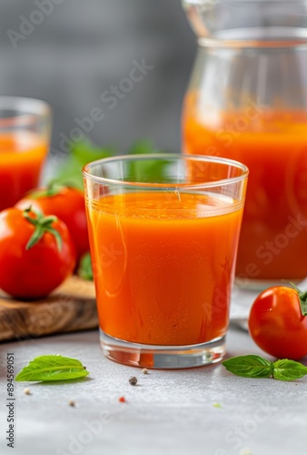 Glass of Tomato Juice With Basil and Tomatoes
