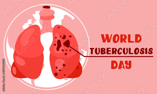 World Tuberculosis Day. March 24 - information banner of the fight against tuberculosis with a silhouette map of the world, a view of the affected lungs from the inside. horizontal pink World TB day.