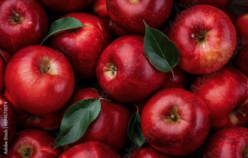 Close-Up of Red Apples With Green Leaves