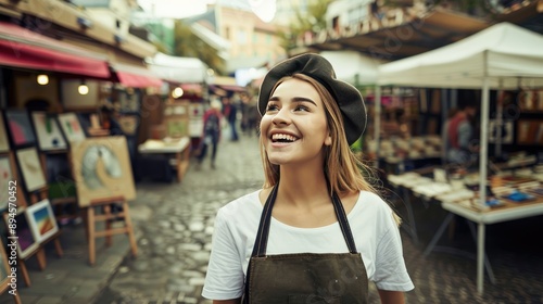 Smiling woman in a beret exploring an outdoor market filled with art and crafts photo