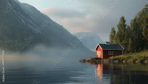 Red Cabin on Foggy Lake