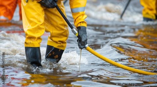 Worker, person on liquidation of oil spill in water. LARN. Barriers set up. Accident with oil spill in sea, ocean. Pollution of environment. Oil slick.