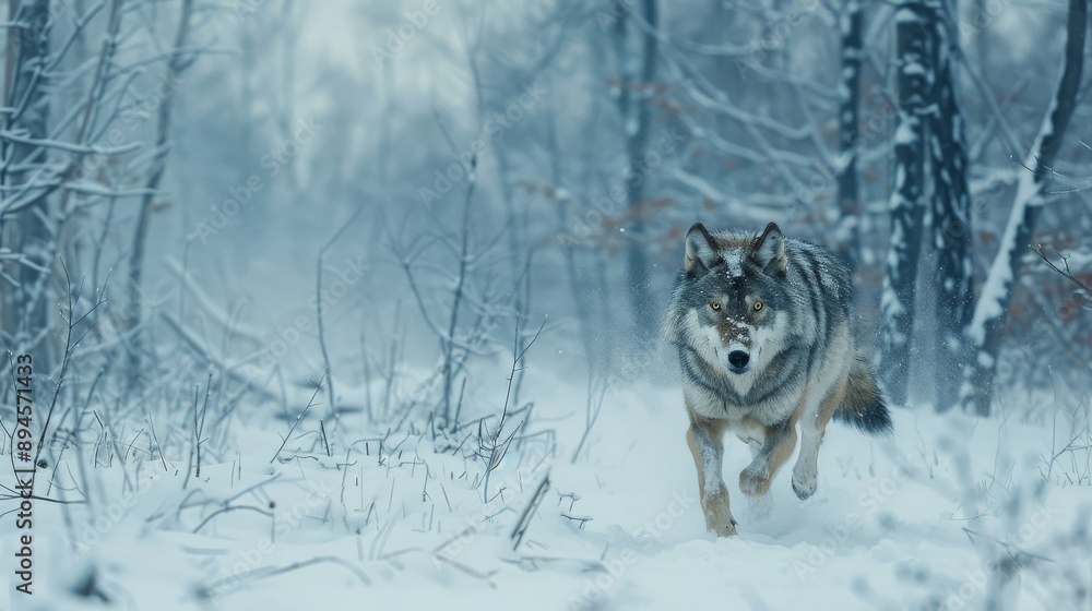 Majestic Wolf Running Through Snowy Forest During Winter Cold Season Perfect for Wildlife Posters and WinterThemed Designs Majestic Wolf Running Through Snowy Forest During Winter Cold Season Perfect for Wildlife Posters and WinterThemed Designs
