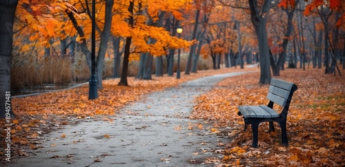 Autumn Park Bench at Sunset