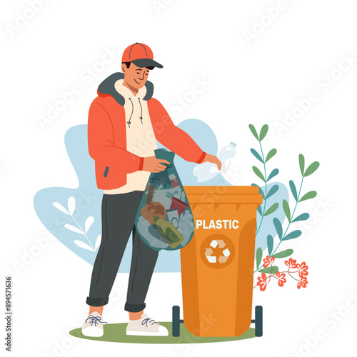 Young man throwing out plastic waste, sorting garbage. Boy separating trash to promote cleanliness and sustainability. Vector illustration for environment and ecology protection concept