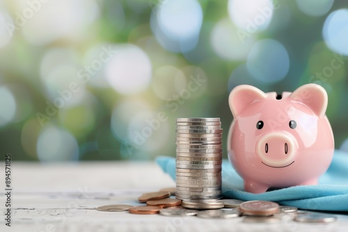 Piggy Bank With Coins on a Table
