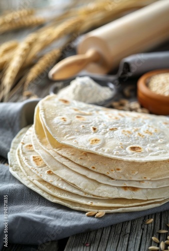 Stacked Wheat Tortillas on Rustic Wood