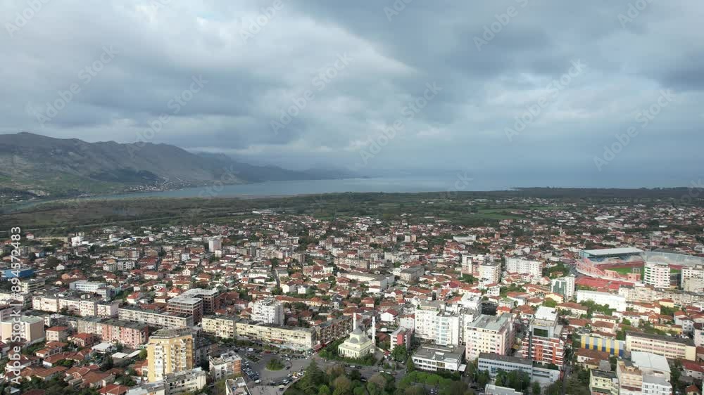 Skadar historical city with surrounding mountains and Skadar lake,Shkoder,Albania,Balkan,Europe,aerial panorama landscape view, cityscape Skadar historical city with surrounding mountains and Skadar lake,Shkoder,Albania,Balkan,Europe,aerial panorama landscape view, cityscape