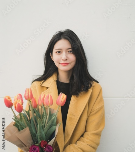 Woman in Yellow Coat Holding Tulips