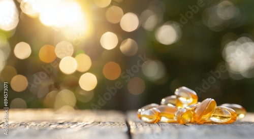 Golden Pills on Wooden Surface at Sunset