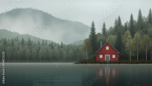 Red Cabin on Foggy Lake