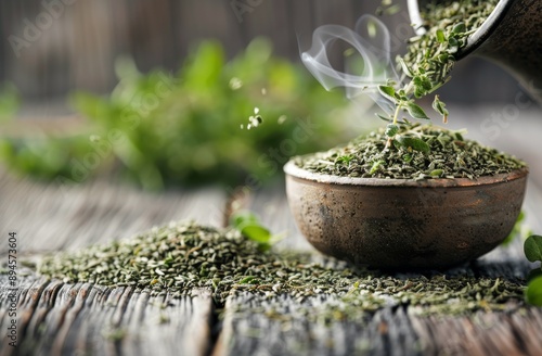 Dried Thyme Spilling From Mortar on Wooden Table