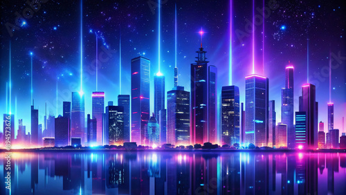 Futuristic Cityscape with Neon Lights Reflection