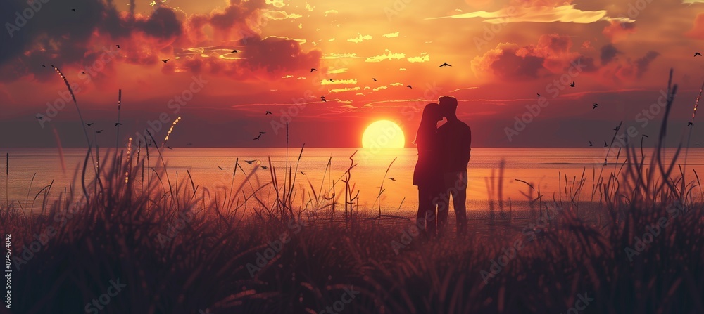 Fototapeta premium Picture of lovers' shadows and reflections in the sunset