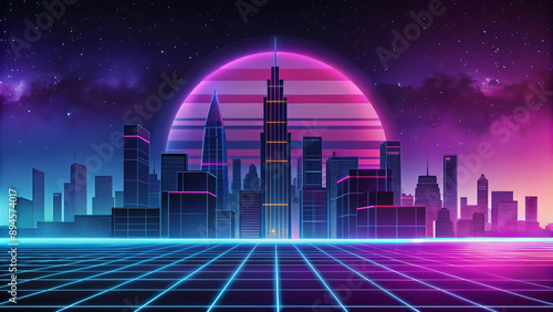 Futuristic Cityscape with Neon Grid and Sunset Glow