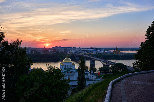 Evening view of Annunciation Monastery, Kanavinsky Bridge and Alexander Nevsky Cathedrall, Nizhny Novgorod, Russia photo