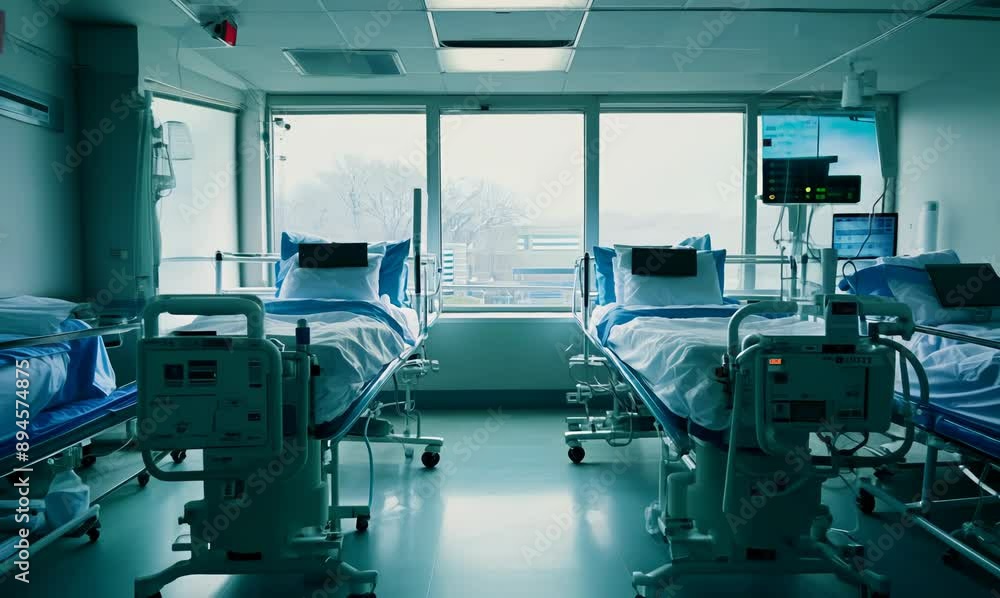 Interior of a hospital room with a bed and a bedside table Interior of a hospital room with a bed and a bedside table