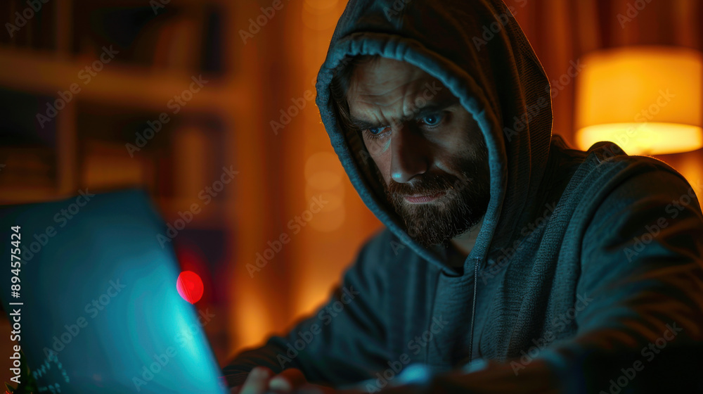 Male hacker in a hoodie working intensely on a laptop in a dimly lit room, illustrating cybercrime or cybersecurity themes. Male hacker in a hoodie working intensely on a laptop in a dimly lit room, illustrating cybercrime or cybersecurity themes.