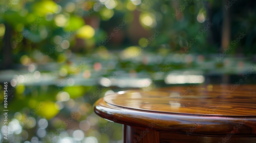 Obraz premium A close-up of a wooden table top with a blurred background of green foliage and sunlight.