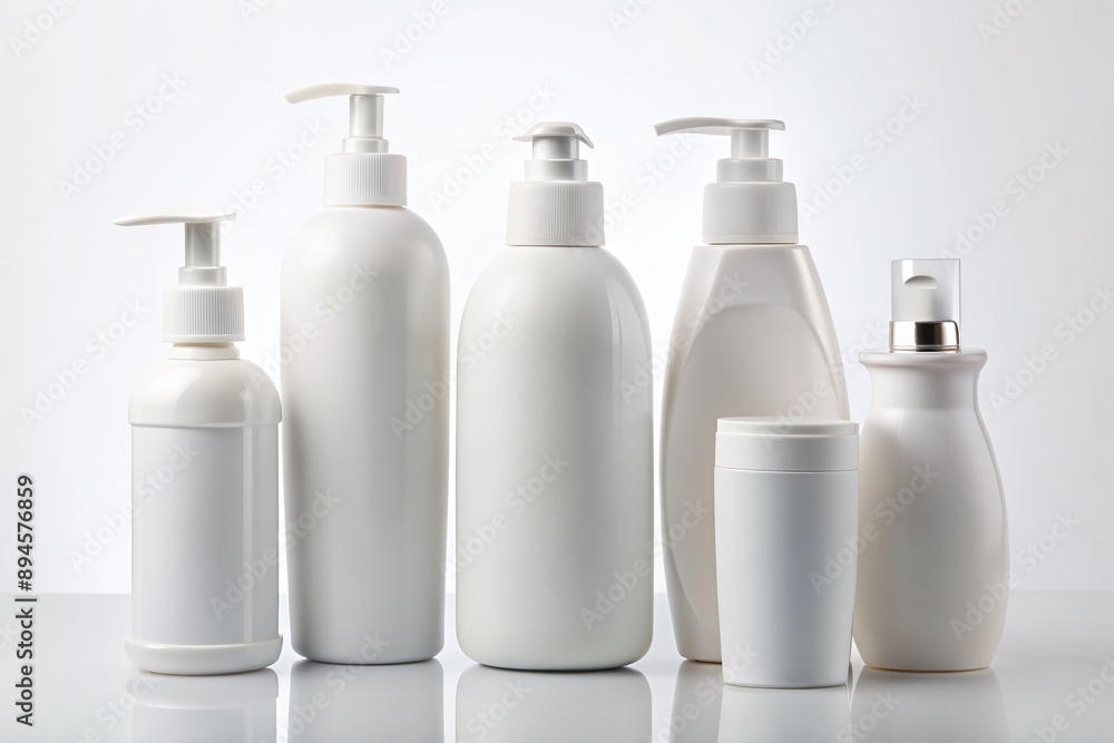 Six white plastic bottles with various body care products standing upright on a clean white background, leaving ample copy space for text or design additions. Six white plastic bottles with various body care products standing upright on a clean white background, leaving ample copy space for text or design additions.