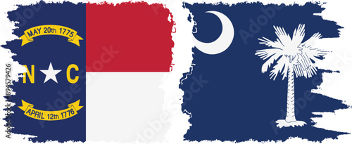 South Carolina and North Carolina states grunge brush flags connection, vector